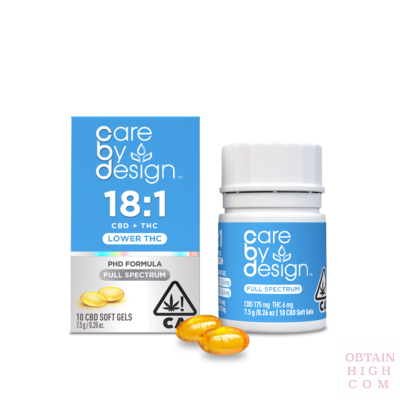 Full Spectrum 18:1 CBD:THC 10 Soft Gels Care By Design obtain high